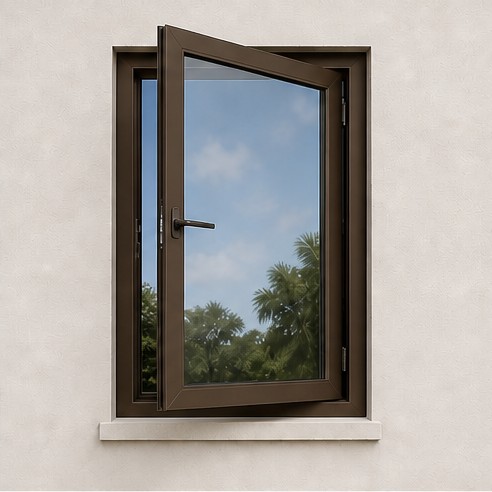Bronze outswing casement impact window shown open