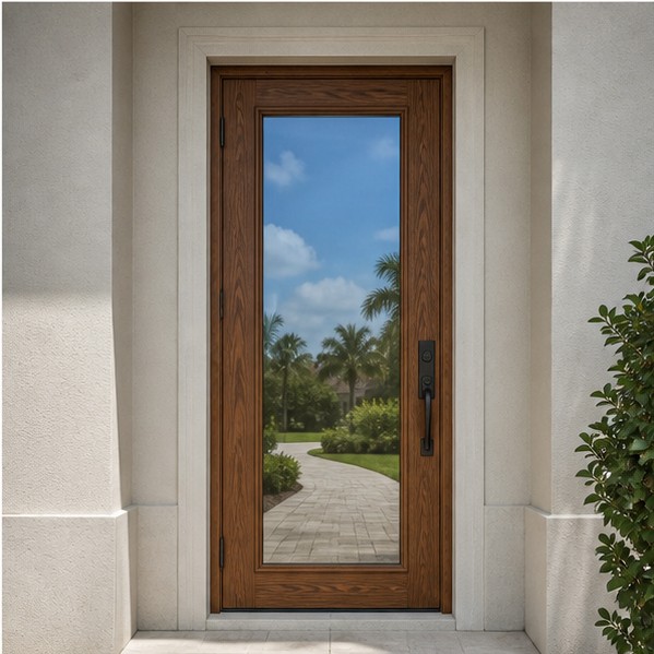 Wood-grain glazed impact entry door