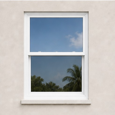White single-hung impact window installed in a stucco wall