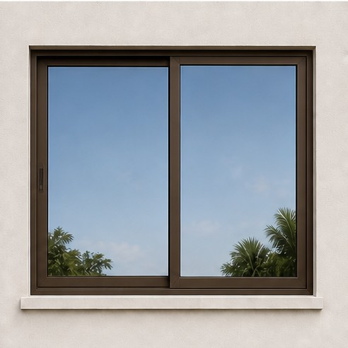 Bronze horizontal sliding impact window installed in a stucco wall