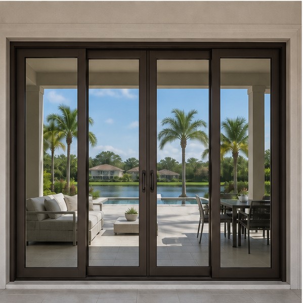 Wide bronze sliding glass impact door overlooking a Florida patio